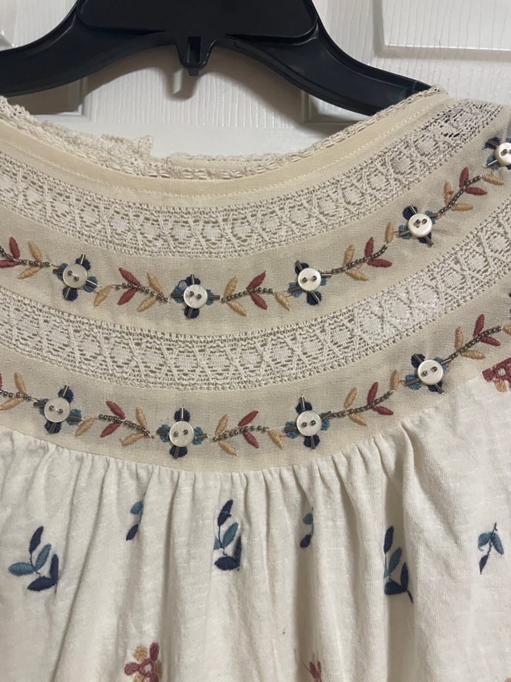 Anthropologie Cream Boho Embroidered Peasant Blouse with Blue & Rust Accents - Picture 2 of 6